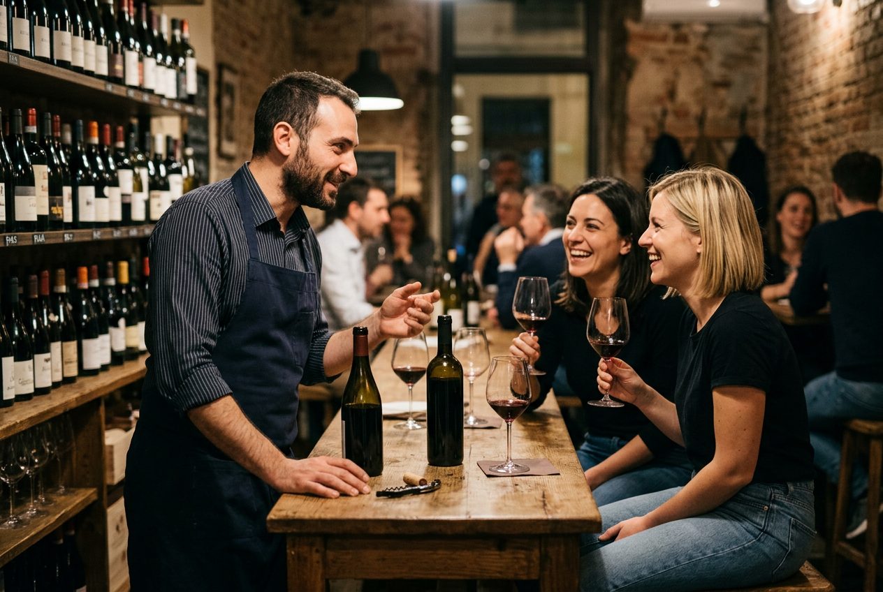 Un anfitrión conversando con dos huéspedes en la barra de un bar de vinos